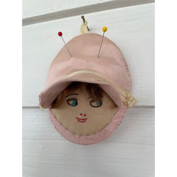 Antique 1930s Pincushion doll Face Embroidered  Silk Pink - Picture 5 of 15